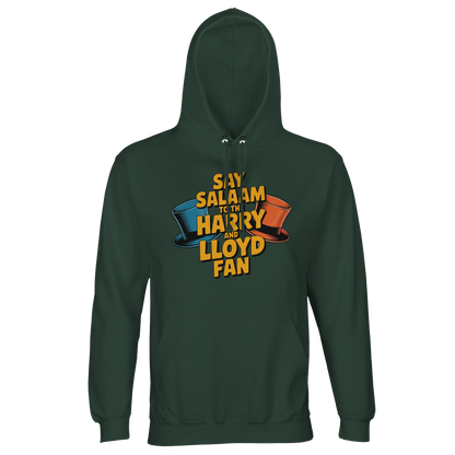 Bottle Green / Outer Space unisex recycled hoodie presenting the Say Salaam to the Harry and Lloyd Fan artwork inspired by Dumb and Dumber’s Aspen storyline and road trip madness. A nod to Lloyd Christmas, Harry Dunne and their chaotic optimism, portrayed by Jim Carrey and Jeff Daniels in the 1994 comedy classic. Substantial brushed fleece hooded sweatshirt designed for film enthusiasts and modest streetwear collectors.