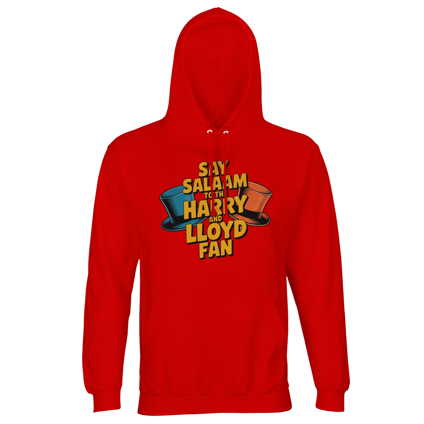 Bright Red / Rosso Corsa unisex cotton-poly hoodie displaying the Say Salaam to the Harry and Lloyd Fan illustration inspired by Dumb and Dumber. Celebrating Jim Carrey’s Lloyd Christmas and Jeff Daniels’ Harry Dunne, from tuxedo chaos to the suitcase of cash storyline and that most annoying sound in the world scene. This bold hoodie brings loud comedy energy with peaceful messaging, featuring brushed fleece warmth, recycled blend comfort, a lined hood & relaxed fit for modest Muslim-friendly streetwear.