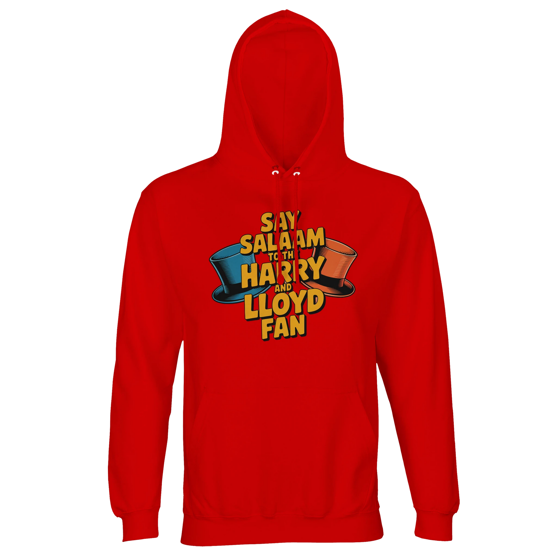 Bright Red / Rosso Corsa unisex cotton-poly hoodie displaying the Say Salaam to the Harry and Lloyd Fan illustration inspired by Dumb and Dumber. Celebrating Jim Carrey’s Lloyd Christmas and Jeff Daniels’ Harry Dunne, from tuxedo chaos to the suitcase of cash storyline and that most annoying sound in the world scene. This bold hoodie brings loud comedy energy with peaceful messaging, featuring brushed fleece warmth, recycled blend comfort, a lined hood & relaxed fit for modest Muslim-friendly streetwear.