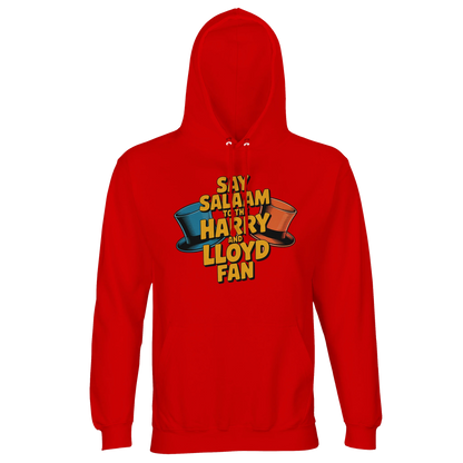 Bright Red / Rosso Corsa unisex cotton-poly hoodie displaying the Say Salaam to the Harry and Lloyd Fan illustration inspired by Dumb and Dumber. Celebrating Jim Carrey’s Lloyd Christmas and Jeff Daniels’ Harry Dunne, from tuxedo chaos to the suitcase of cash storyline and that most annoying sound in the world scene. This bold hoodie brings loud comedy energy with peaceful messaging, featuring brushed fleece warmth, recycled blend comfort, a lined hood & relaxed fit for modest Muslim-friendly streetwear.