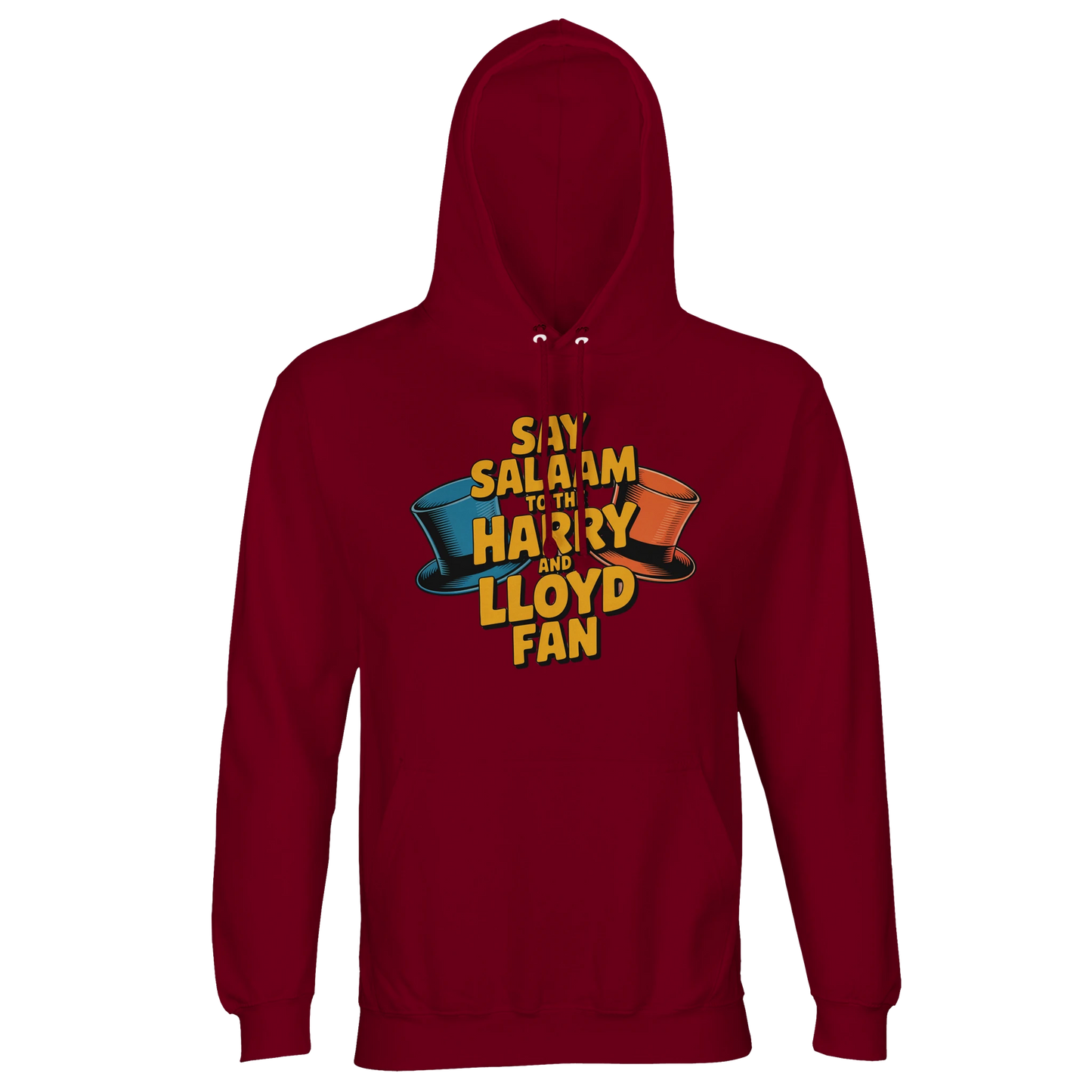 Burgundy / Dark Sienna unisex recycled hooded jumper showcasing the Say Salaam to the Harry and Lloyd Fan graphic inspired by Dumb and Dumber. A tribute to the cult comedy chemistry of Jim Carrey and Jeff Daniels, referencing the dog van road trip, Aspen dreams, tuxedos and the suitcase of cash confusion, plus the infamous most annoying sound in the world gag. Brushed fleece hoodie with lined hood and drawstrings, a cosy modest Muslim streetwear piece for film fans and nostalgic gift buyers.