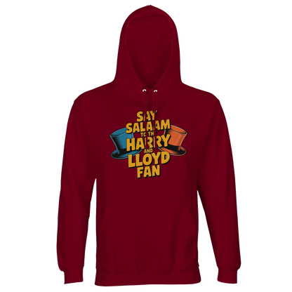 Burgundy / Dark Sienna unisex recycled hooded jumper showcasing the Say Salaam to the Harry and Lloyd Fan graphic inspired by Dumb and Dumber. A tribute to the cult comedy chemistry of Jim Carrey and Jeff Daniels, referencing the dog van road trip, Aspen dreams, tuxedos and the suitcase of cash confusion, plus the infamous most annoying sound in the world gag. Brushed fleece hoodie with lined hood and drawstrings, a cosy modest Muslim streetwear piece for film fans and nostalgic gift buyers.