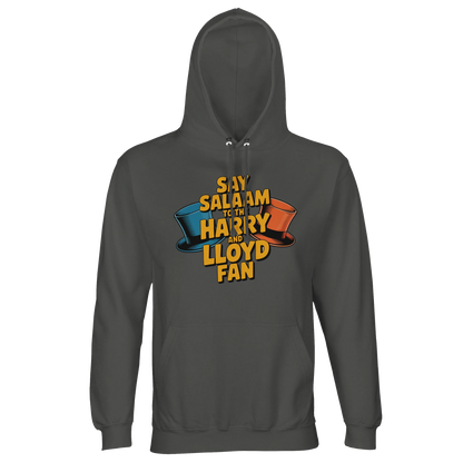 Charcoal Melange / Black Cow unisex recycled cotton-poly hoodie featuring the Say Salaam to the Harry and Lloyd Fan graphic inspired by Dumb and Dumber. A darker vintage tone for fans of Jim Carrey and Jeff Daniels, referencing the dog van, Aspen trip obsession, tuxedos and the infamous most annoying sound in the world gag. Brushed fleece hooded sweatshirt with lined hood, drawstrings and a substantial feel, ideal for modest Muslim streetwear, winter layering, and cult comedy gift shoppers.