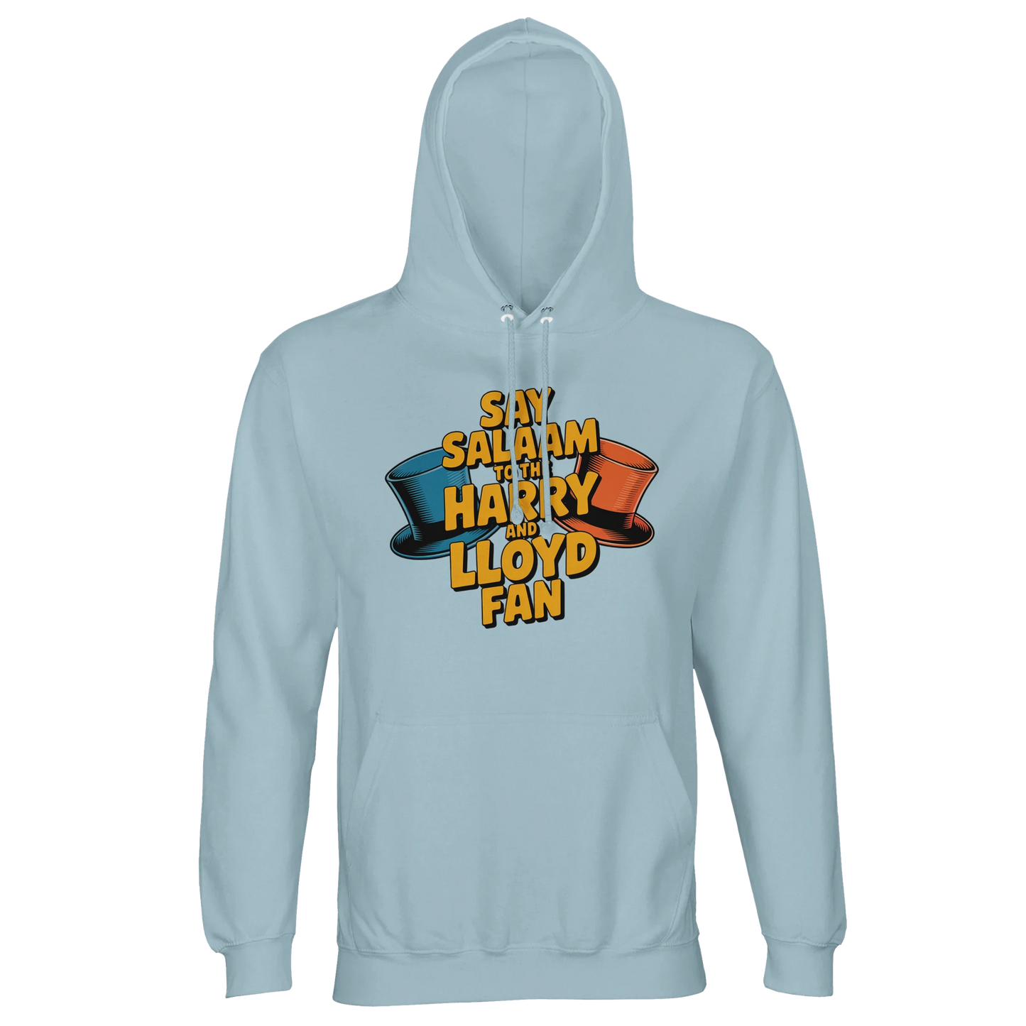 Blue / Marble Blue / Blue-Grey / Waikawa Grey unisex recycled cotton-poly hoodie featuring the Say Salaam to the Harry and Lloyd Fan design inspired by Dumb and Dumber. A nod to Jim Carrey and Jeff Daniels’ chaotic duo, from the dog van road trip to the tuxedos and the most annoying sound in the world moment. Soft brushed fleece hooded sweatshirt with a substantial feel, ideal for modest Muslim-friendly streetwear styling, layering in colder weather, and gifting to cult comedy film fans.