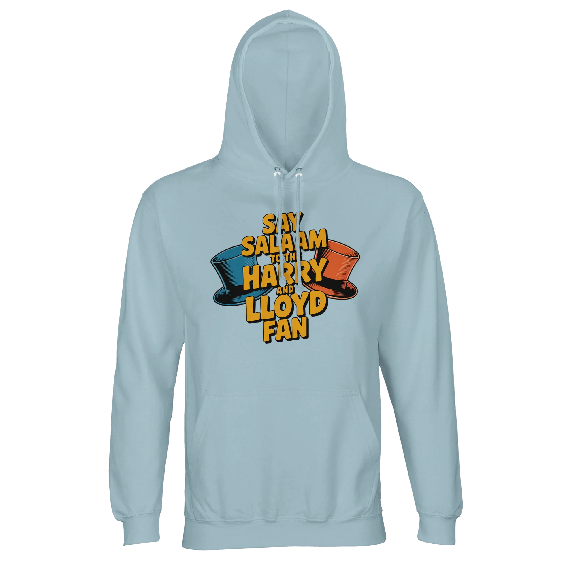 Blue / Marble Blue / Blue-Grey / Waikawa Grey unisex recycled cotton-poly hoodie featuring the Say Salaam to the Harry and Lloyd Fan design inspired by Dumb and Dumber. A nod to Jim Carrey and Jeff Daniels’ chaotic duo, from the dog van road trip to the tuxedos and the most annoying sound in the world moment. Soft brushed fleece hooded sweatshirt with a substantial feel, ideal for modest Muslim-friendly streetwear styling, layering in colder weather, and gifting to cult comedy film fans.