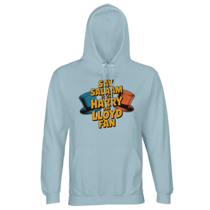 Blue / Marble Blue / Blue-Grey / Waikawa Grey unisex recycled cotton-poly hoodie featuring the Say Salaam to the Harry and Lloyd Fan design inspired by Dumb and Dumber. A nod to Jim Carrey and Jeff Daniels’ chaotic duo, from the dog van road trip to the tuxedos and the most annoying sound in the world moment. Soft brushed fleece hooded sweatshirt with a substantial feel, ideal for modest Muslim-friendly streetwear styling, layering in colder weather, and gifting to cult comedy film fans.