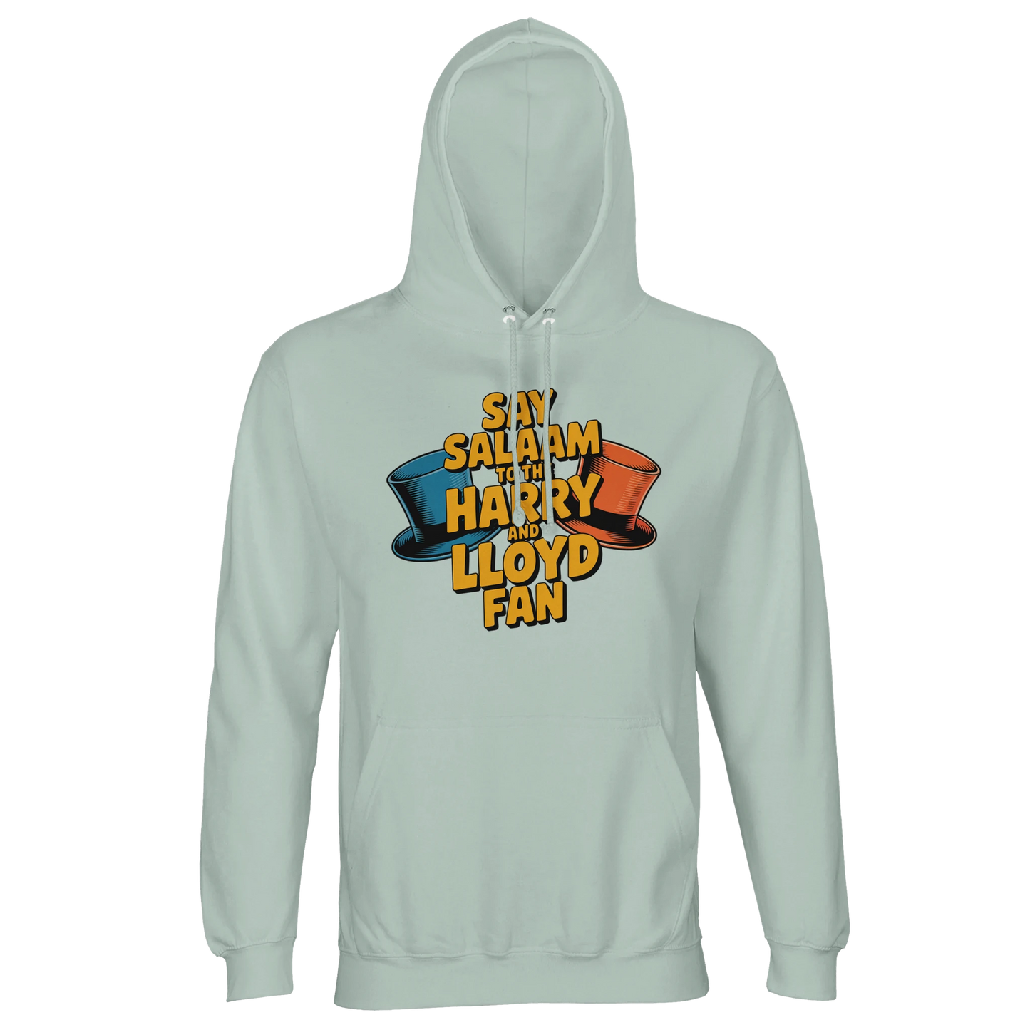 Creamy Green / Greenish Grey unisex cotton-poly hoodie featuring the Say Salaam to the Harry and Lloyd Fan graphic, inspired by the Dumb and Dumber movie and its iconic blue and orange tuxedo top hats. A cult comedy tribute to Jim Carrey as Lloyd Christmas and Jeff Daniels as Harry Dunne, from the dog van chaos to the suitcase of cash misunderstanding and that infamous most annoying sound in the world scene. Brushed fleece, recycled blend, modest Muslim-friendly streetwear and a fun film fan gift.