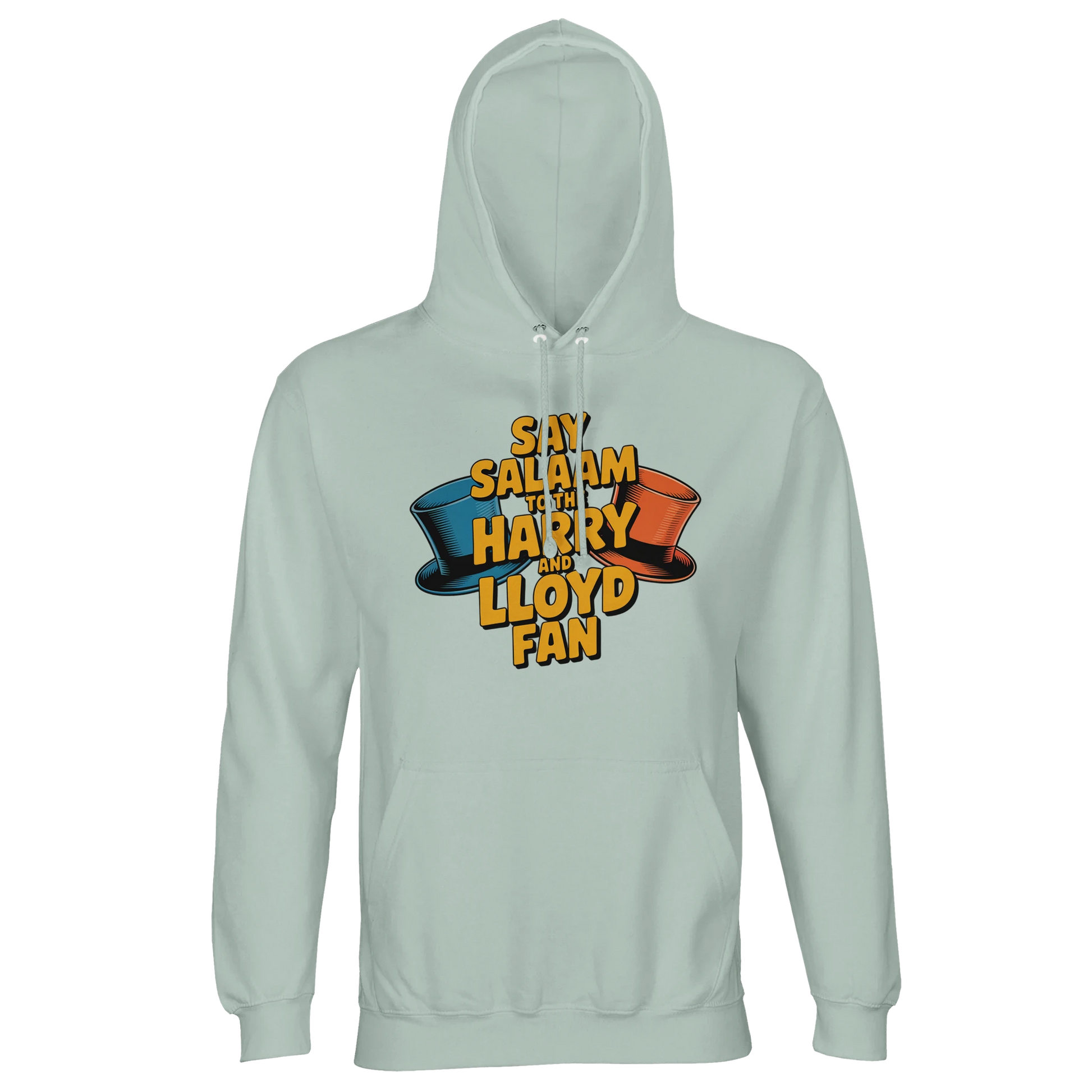 Creamy Green / Greenish Grey unisex cotton-poly hoodie featuring the Say Salaam to the Harry and Lloyd Fan graphic, inspired by the Dumb and Dumber movie and its iconic blue and orange tuxedo top hats. A cult comedy tribute to Jim Carrey as Lloyd Christmas and Jeff Daniels as Harry Dunne, from the dog van chaos to the suitcase of cash misunderstanding and that infamous most annoying sound in the world scene. Brushed fleece, recycled blend, modest Muslim-friendly streetwear and a fun film fan gift.