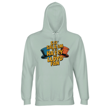 Creamy Green / Greenish Grey unisex cotton-poly hoodie featuring the Say Salaam to the Harry and Lloyd Fan graphic, inspired by the Dumb and Dumber movie and its iconic blue and orange tuxedo top hats. A cult comedy tribute to Jim Carrey as Lloyd Christmas and Jeff Daniels as Harry Dunne, from the dog van chaos to the suitcase of cash misunderstanding and that infamous most annoying sound in the world scene. Brushed fleece, recycled blend, modest Muslim-friendly streetwear and a fun film fan gift.