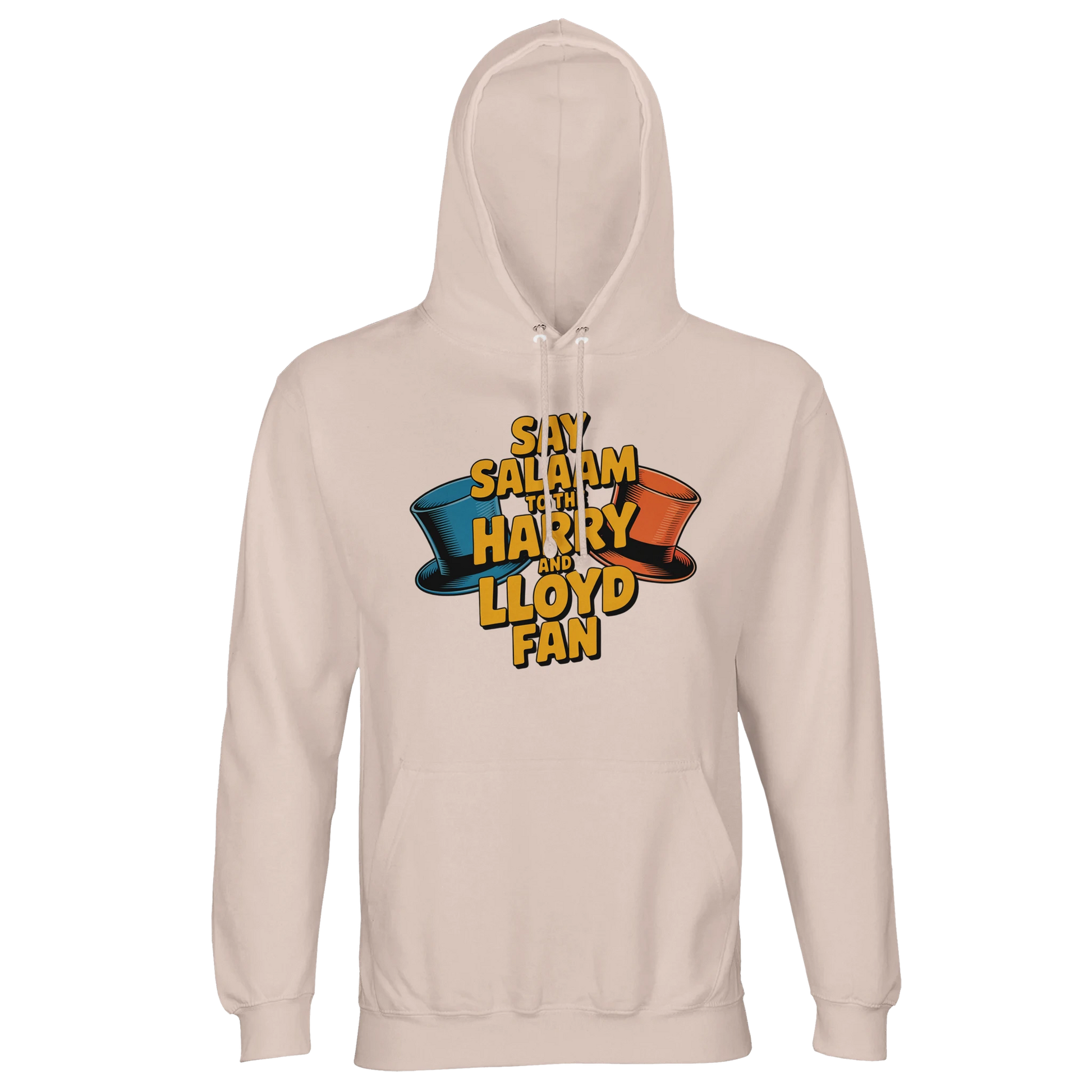 Creamy Pink / Oyster Pink unisex cotton-poly hoodie with the Say Salaam to the Harry and Lloyd Fan artwork inspired by Dumb and Dumber. Highlighting the cult status of Jim Carrey and Jeff Daniels’ legendary duo, from the suitcase of ransom cash to slapstick chaos, this hooded sweatshirt merges comedy nostalgia with modest Muslim streetwear. Soft fleece interior, substantial weight and relaxed unisex fit ideal for movie marathons and fan conventions.
