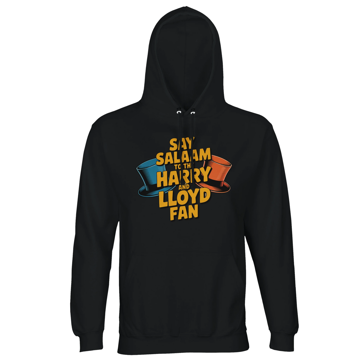 Deep Black / Zeus unisex recycled cotton-poly hoodie showcasing the Say Salaam to the Harry and Lloyd Fan illustration inspired by Dumb and Dumber. Celebrating the legendary chemistry between Jim Carrey and Jeff Daniels as Lloyd Christmas and Harry Dunne, including the tuxedo gala scene and most annoying sound in the world gag. High-contrast hooded sweatshirt ideal for cult comedy fans seeking modest Muslim-friendly film streetwear with warmth and structure.