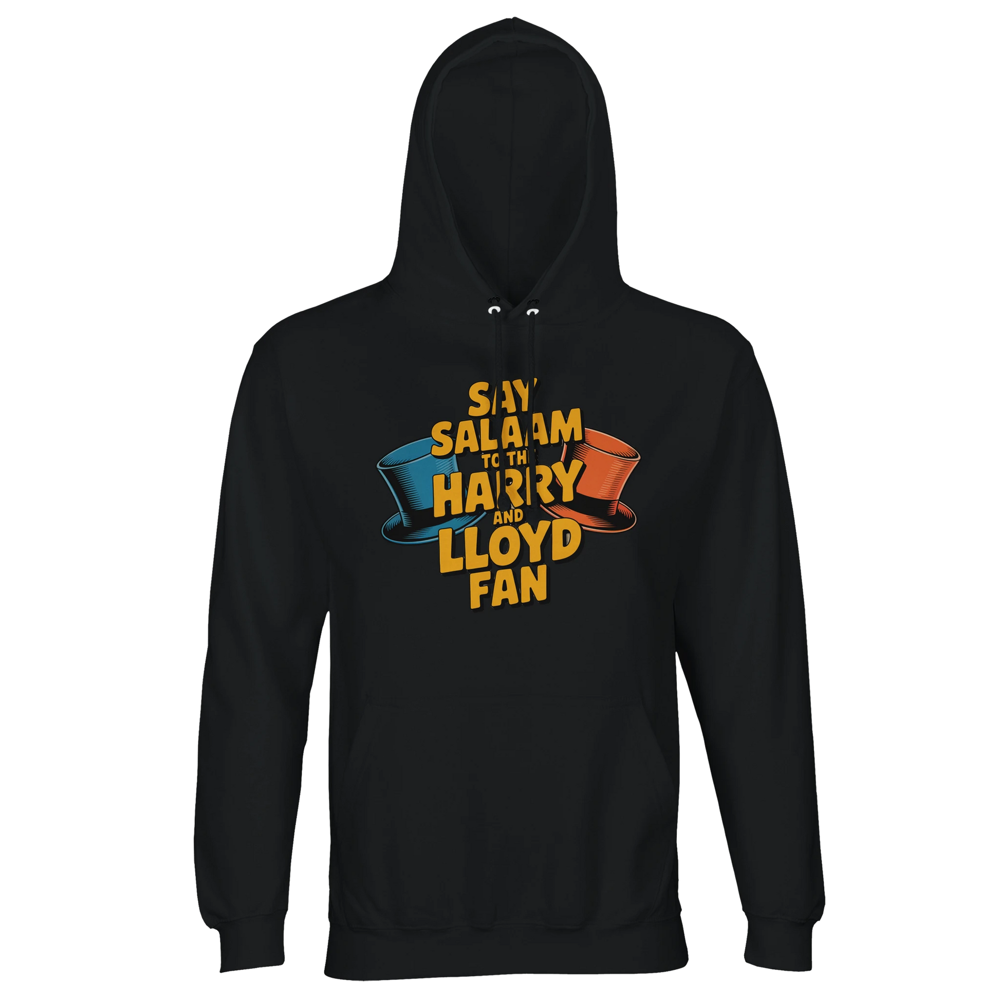 Deep Black / Zeus unisex recycled cotton-poly hoodie showcasing the Say Salaam to the Harry and Lloyd Fan illustration inspired by Dumb and Dumber. Celebrating the legendary chemistry between Jim Carrey and Jeff Daniels as Lloyd Christmas and Harry Dunne, including the tuxedo gala scene and most annoying sound in the world gag. High-contrast hooded sweatshirt ideal for cult comedy fans seeking modest Muslim-friendly film streetwear with warmth and structure.