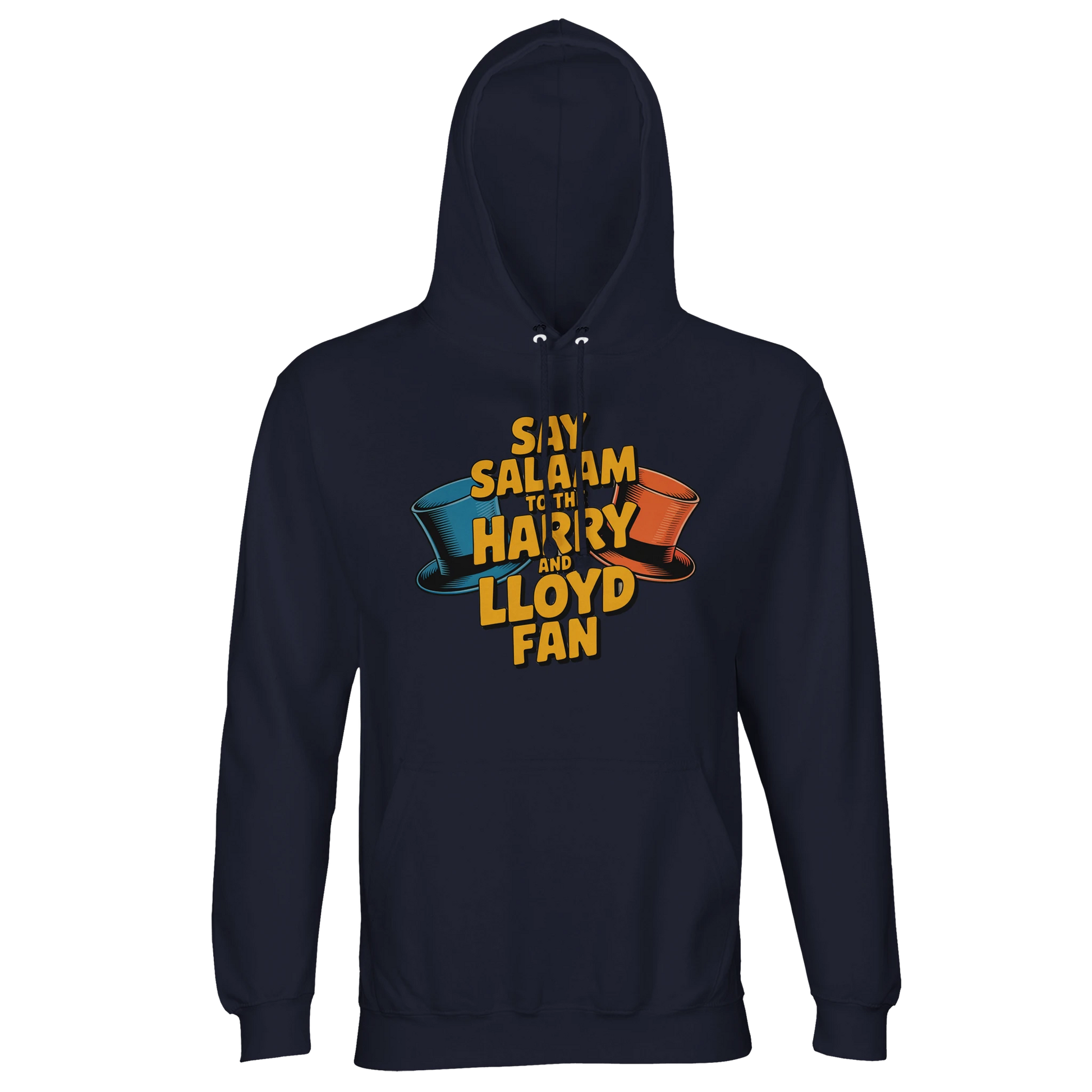 French Navy / Ebony Clay unisex cotton-poly hooded jumper featuring the Say Salaam to the Harry and Lloyd Fan graphic inspired by Dumb and Dumber. From the blue tuxedo to the dog van escapade and the suitcase of cash misunderstanding, this design honours Jim Carrey and Jeff Daniels’ iconic comedy pairing. Premium weight recycled fleece hoodie blending 90s movie nostalgia with positive Salaam messaging and unisex everyday comfort.