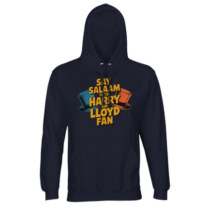 French Navy / Ebony Clay unisex cotton-poly hooded jumper featuring the Say Salaam to the Harry and Lloyd Fan graphic inspired by Dumb and Dumber. From the blue tuxedo to the dog van escapade and the suitcase of cash misunderstanding, this design honours Jim Carrey and Jeff Daniels’ iconic comedy pairing. Premium weight recycled fleece hoodie blending 90s movie nostalgia with positive Salaam messaging and unisex everyday comfort.