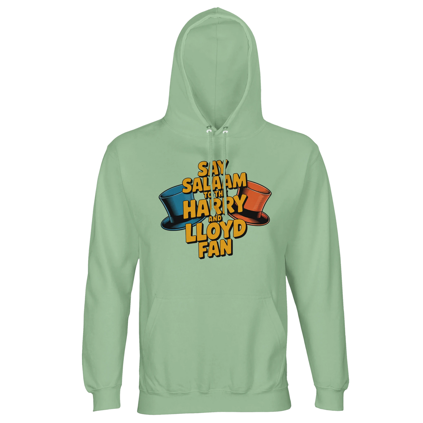 Frozen Green / Opal unisex cotton-poly hoodie displaying the Say Salaam to the Harry and Lloyd Fan illustration drawn from Dumb and Dumber nostalgia. Referencing the dog van road trip, the suitcase of cash plot and the cult comedy chemistry between Jim Carrey and Jeff Daniels, this recycled blend hooded sweatshirt balances absurd humour with positive Salaam messaging. Soft fleece interior and structured feel for everyday wear.