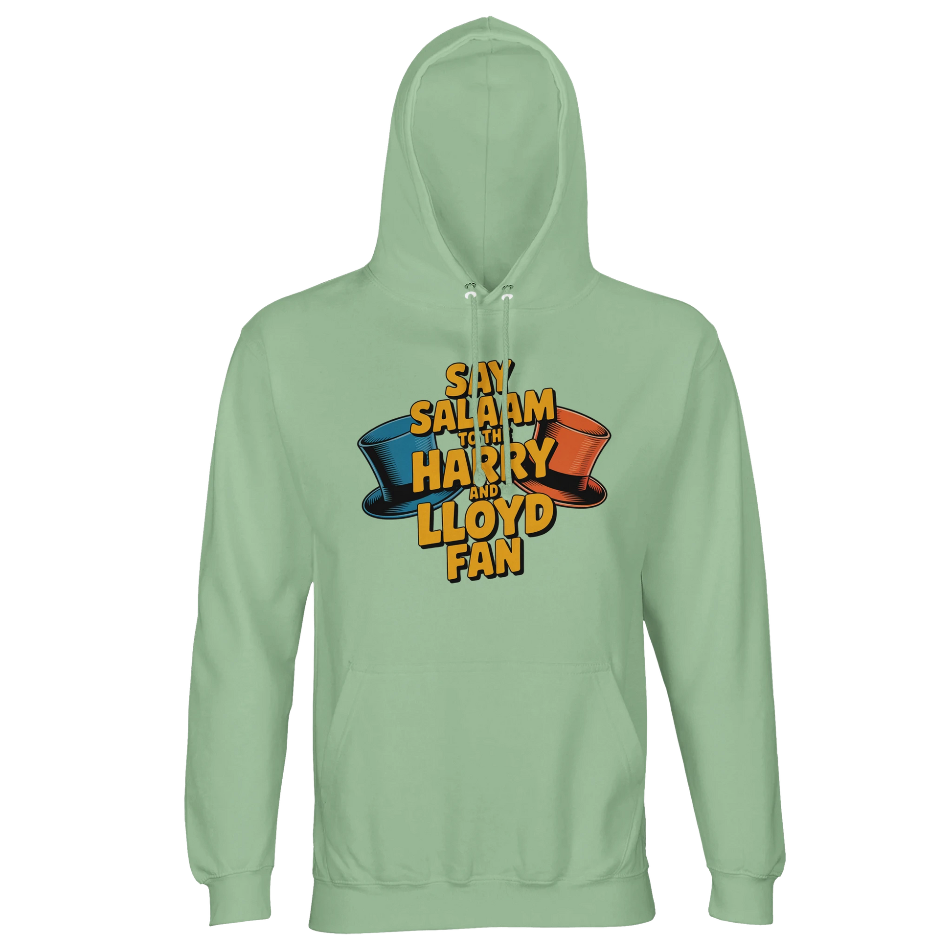 Frozen Green / Opal unisex cotton-poly hoodie displaying the Say Salaam to the Harry and Lloyd Fan illustration drawn from Dumb and Dumber nostalgia. Referencing the dog van road trip, the suitcase of cash plot and the cult comedy chemistry between Jim Carrey and Jeff Daniels, this recycled blend hooded sweatshirt balances absurd humour with positive Salaam messaging. Soft fleece interior and structured feel for everyday wear.