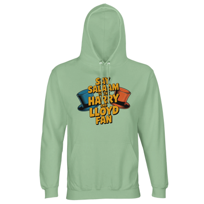 Frozen Green / Opal unisex cotton-poly hoodie displaying the Say Salaam to the Harry and Lloyd Fan illustration drawn from Dumb and Dumber nostalgia. Referencing the dog van road trip, the suitcase of cash plot and the cult comedy chemistry between Jim Carrey and Jeff Daniels, this recycled blend hooded sweatshirt balances absurd humour with positive Salaam messaging. Soft fleece interior and structured feel for everyday wear.