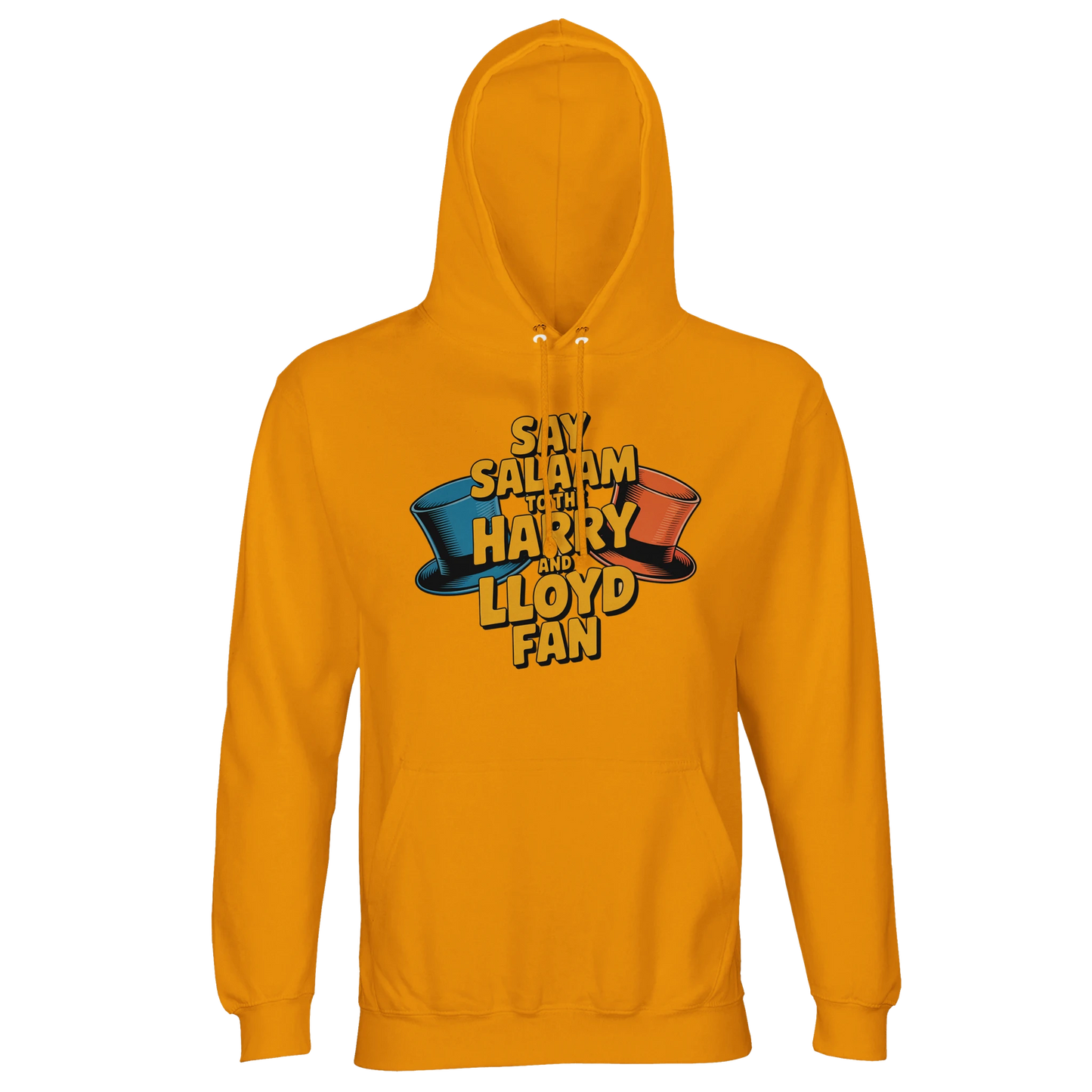 Gold / Gamboge unisex brushed fleece hoodie showcasing the Say Salaam to the Harry and Lloyd Fan graphic inspired by Dumb and Dumber. A bold tribute to Harry Dunne and Lloyd Christmas, their tuxedos, Aspen dreams and chaotic comedy legacy under Jim Carrey and Jeff Daniels. Recycled cotton-poly hooded sweatshirt combining film nostalgia, vibrant colour and modest Muslim streetwear energy.