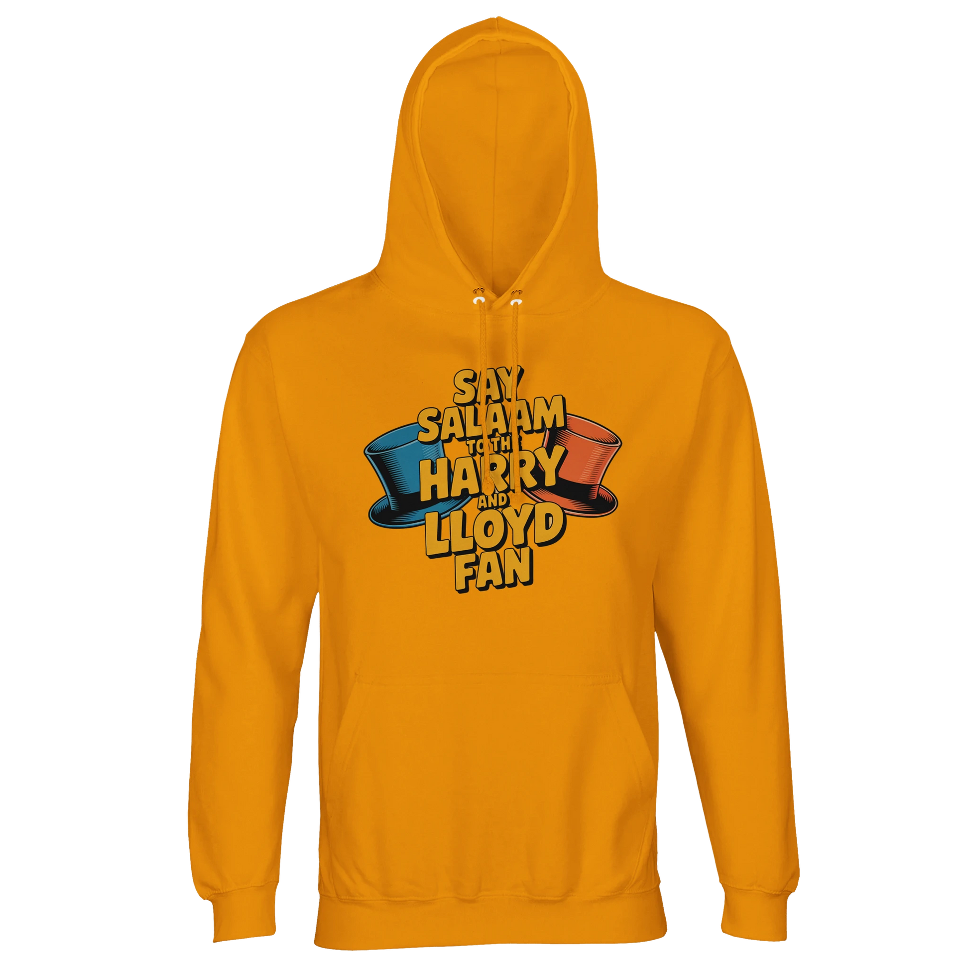 Gold / Gamboge unisex brushed fleece hoodie showcasing the Say Salaam to the Harry and Lloyd Fan graphic inspired by Dumb and Dumber. A bold tribute to Harry Dunne and Lloyd Christmas, their tuxedos, Aspen dreams and chaotic comedy legacy under Jim Carrey and Jeff Daniels. Recycled cotton-poly hooded sweatshirt combining film nostalgia, vibrant colour and modest Muslim streetwear energy.