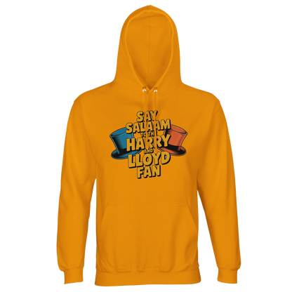 Gold / Gamboge unisex brushed fleece hoodie showcasing the Say Salaam to the Harry and Lloyd Fan graphic inspired by Dumb and Dumber. A bold tribute to Harry Dunne and Lloyd Christmas, their tuxedos, Aspen dreams and chaotic comedy legacy under Jim Carrey and Jeff Daniels. Recycled cotton-poly hooded sweatshirt combining film nostalgia, vibrant colour and modest Muslim streetwear energy.