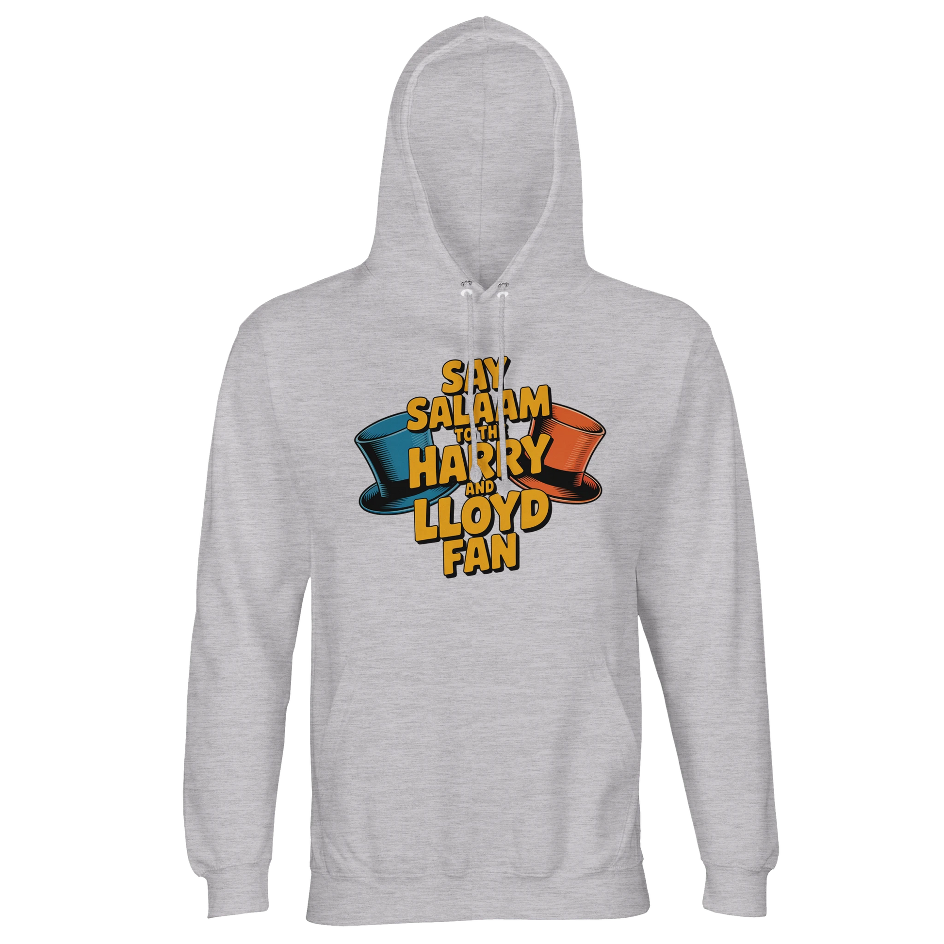 Grey Melange / Heather Grey / Marl Grey / Classic Athletic Grey Blend recycled hoodie showcasing the Say Salaam to the Harry and Lloyd Fan graphic inspired by Dumb and Dumber. A playful nod to Lloyd Christmas’ over-the-top antics and Harry Dunne’s deadpan reactions, plus the famous most annoying sound in the world scene. Athletic vintage tone hooded sweatshirt combining film fan merchandise style with peaceful Salaam branding.
