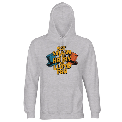 Grey Melange / Heather Grey / Marl Grey / Classic Athletic Grey Blend recycled hoodie showcasing the Say Salaam to the Harry and Lloyd Fan graphic inspired by Dumb and Dumber. A playful nod to Lloyd Christmas’ over-the-top antics and Harry Dunne’s deadpan reactions, plus the famous most annoying sound in the world scene. Athletic vintage tone hooded sweatshirt combining film fan merchandise style with peaceful Salaam branding.
