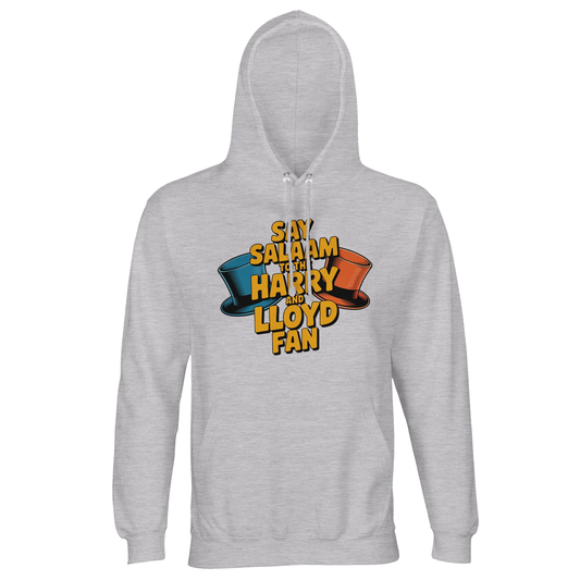 Grey Melange / Heather Grey / Marl Grey / Classic Athletic Grey Blend recycled hoodie showcasing the Say Salaam to the Harry and Lloyd Fan graphic inspired by Dumb and Dumber. A playful nod to Lloyd Christmas’ over-the-top antics and Harry Dunne’s deadpan reactions, plus the famous most annoying sound in the world scene. Athletic vintage tone hooded sweatshirt combining film fan merchandise style with peaceful Salaam branding.