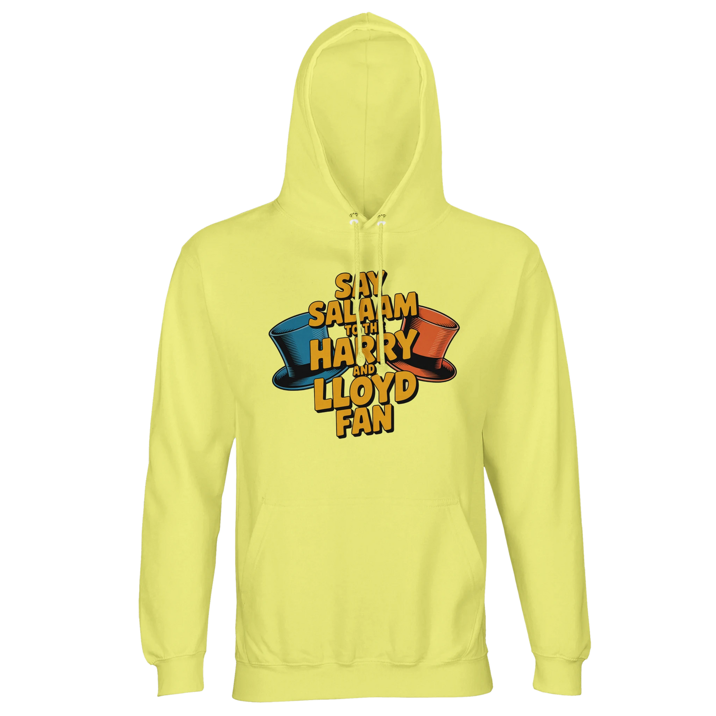 Light Yellow / Lemon Chiffon unisex hooded jumper featuring the Say Salaam to the Harry and Lloyd Fan design rooted in Dumb and Dumber pop culture. Referencing Harry Dunne and Lloyd Christmas, their Aspen ski trip dreams and the unforgettable orange and blue tuxedos, this hoodie nods to the 1994 comedy classic starring Jim Carrey and Jeff Daniels. Warm brushed fleece recycled blend hoodie for film fans who appreciate absurd humour and positive expression.