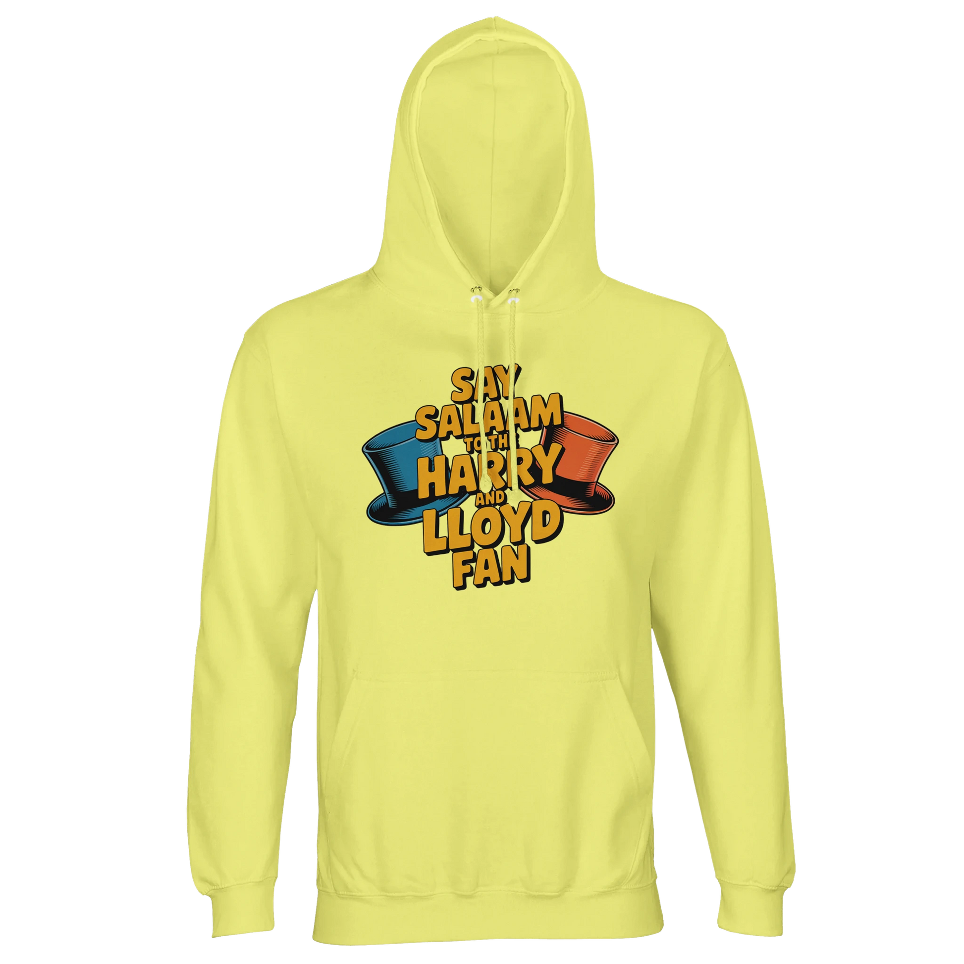 Light Yellow / Lemon Chiffon unisex hooded jumper featuring the Say Salaam to the Harry and Lloyd Fan design rooted in Dumb and Dumber pop culture. Referencing Harry Dunne and Lloyd Christmas, their Aspen ski trip dreams and the unforgettable orange and blue tuxedos, this hoodie nods to the 1994 comedy classic starring Jim Carrey and Jeff Daniels. Warm brushed fleece recycled blend hoodie for film fans who appreciate absurd humour and positive expression.