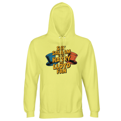 Light Yellow / Lemon Chiffon unisex hooded jumper featuring the Say Salaam to the Harry and Lloyd Fan design rooted in Dumb and Dumber pop culture. Referencing Harry Dunne and Lloyd Christmas, their Aspen ski trip dreams and the unforgettable orange and blue tuxedos, this hoodie nods to the 1994 comedy classic starring Jim Carrey and Jeff Daniels. Warm brushed fleece recycled blend hoodie for film fans who appreciate absurd humour and positive expression.