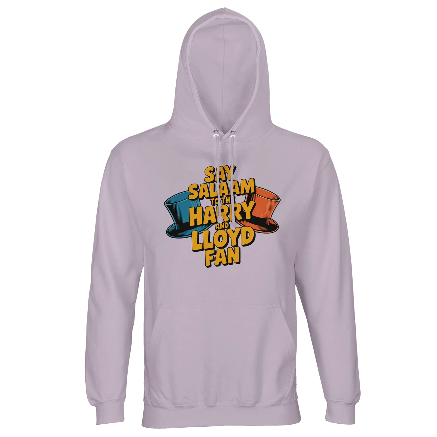 Lilak / Lilac / Wisteria Purple unisex hooded jumper showcasing the Say Salaam to the Harry and Lloyd Fan artwork inspired by Dumb and Dumber. Referencing Harry Dunne and Lloyd Christmas, the Aspen trip dreams, tuxedo absurdity and the suitcase of cash storyline made legendary by Jim Carrey and Jeff Daniels. Warm brushed fleece interior with lined hood and drawstrings, a playful modest Muslim streetwear piece for 90s comedy lovers, movie nights and nostalgia-heavy fan merch collectors.