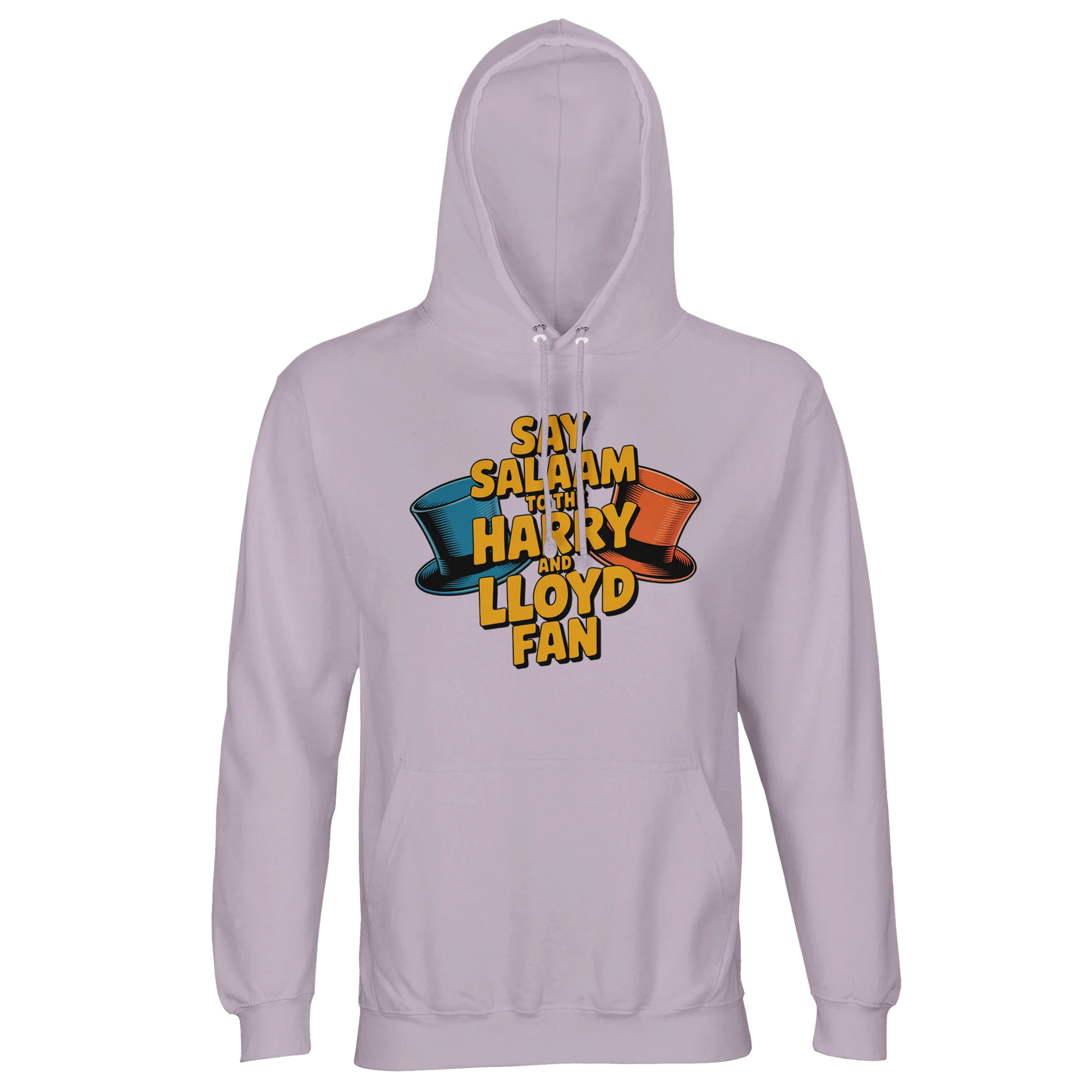 Lilak / Lilac / Wisteria Purple unisex hooded jumper showcasing the Say Salaam to the Harry and Lloyd Fan artwork inspired by Dumb and Dumber. Referencing Harry Dunne and Lloyd Christmas, the Aspen trip dreams, tuxedo absurdity and the suitcase of cash storyline made legendary by Jim Carrey and Jeff Daniels. Warm brushed fleece interior with lined hood and drawstrings, a playful modest Muslim streetwear piece for 90s comedy lovers, movie nights and nostalgia-heavy fan merch collectors.