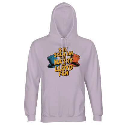 Lilak / Lilac / Wisteria Purple unisex hooded jumper showcasing the Say Salaam to the Harry and Lloyd Fan artwork inspired by Dumb and Dumber. Referencing Harry Dunne and Lloyd Christmas, the Aspen trip dreams, tuxedo absurdity and the suitcase of cash storyline made legendary by Jim Carrey and Jeff Daniels. Warm brushed fleece interior with lined hood and drawstrings, a playful modest Muslim streetwear piece for 90s comedy lovers, movie nights and nostalgia-heavy fan merch collectors.