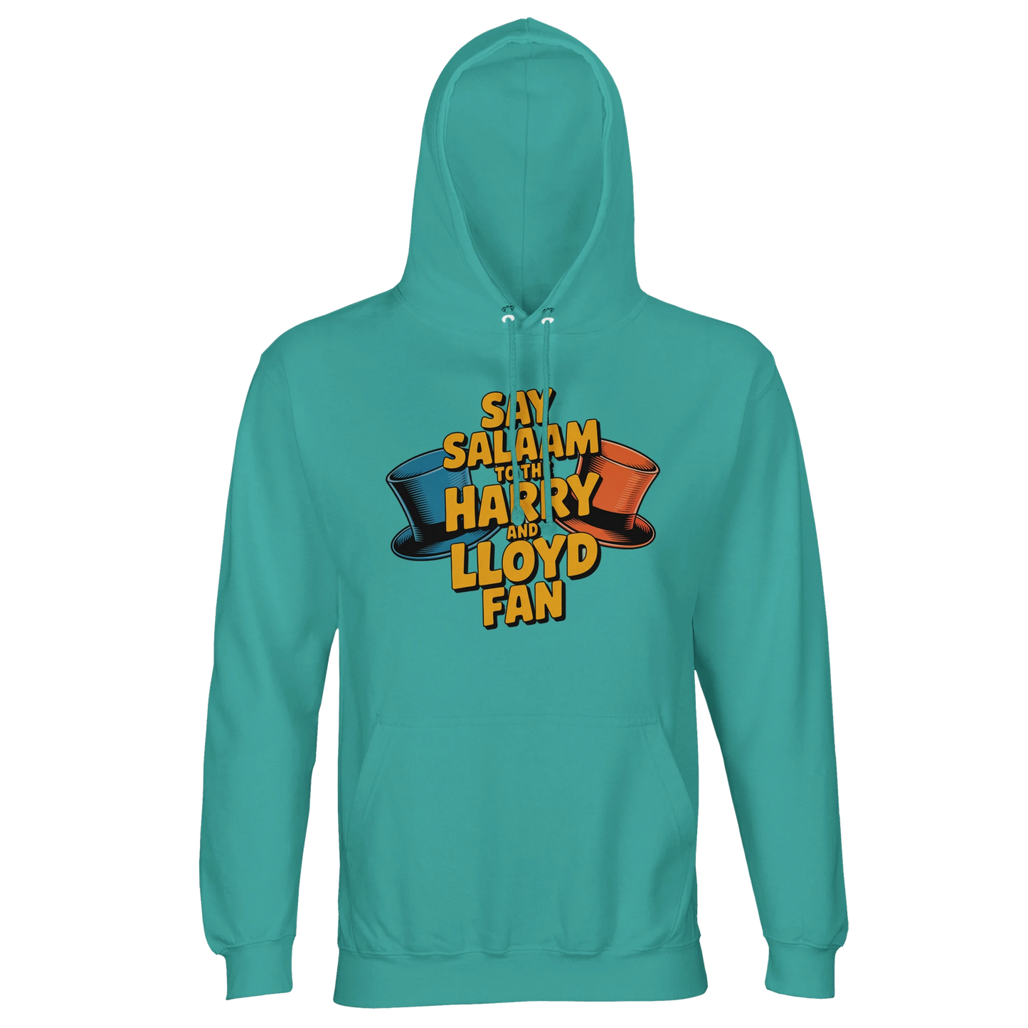 Pool Blue / Light Sea Green unisex cotton-poly hoodie displaying the Say Salaam to the Harry and Lloyd Fan illustration inspired by Dumb and Dumber and its off-the-rails road trip humour. Celebrating Jim Carrey’s wild Lloyd Christmas energy and Jeff Daniels’ Harry Dunne deadpan contrast, plus the tuxedo scenes, Aspen obsession and suitcase of cash plotline. Brushed fleece recycled blend hooded jumper, comfy unisex fit, modest Muslim streetwear for comedy lovers and film nostalgia collectors.