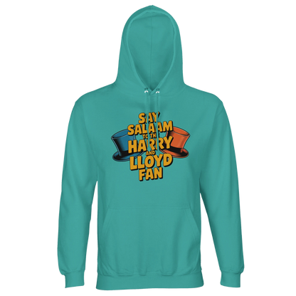 Pool Blue / Light Sea Green unisex cotton-poly hoodie displaying the Say Salaam to the Harry and Lloyd Fan illustration inspired by Dumb and Dumber and its off-the-rails road trip humour. Celebrating Jim Carrey’s wild Lloyd Christmas energy and Jeff Daniels’ Harry Dunne deadpan contrast, plus the tuxedo scenes, Aspen obsession and suitcase of cash plotline. Brushed fleece recycled blend hooded jumper, comfy unisex fit, modest Muslim streetwear for comedy lovers and film nostalgia collectors.