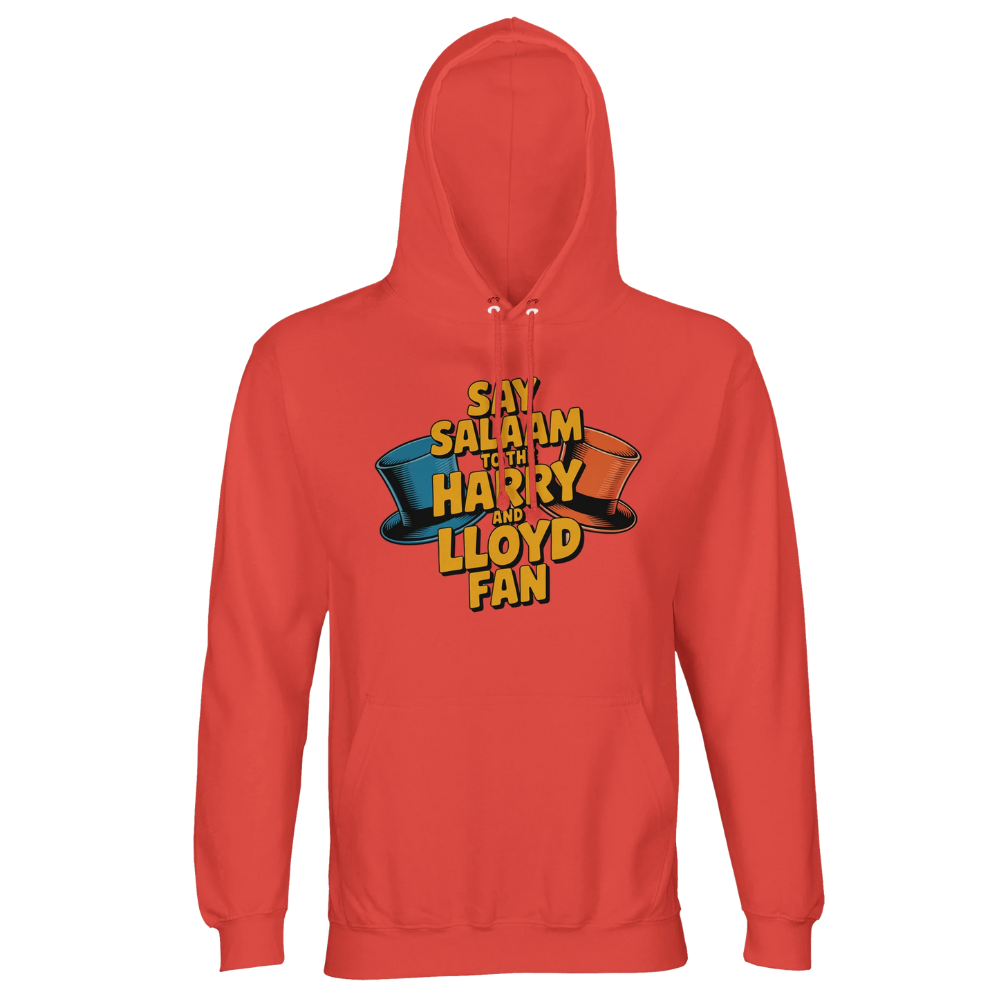 Pop Orange / Jasper / Faded Red unisex cotton-poly hoodie featuring the Say Salaam to the Harry and Lloyd Fan design rooted in Dumb and Dumber. Echoing the outrageous orange tuxedo scene and the infamous most annoying sound in the world, this hoodie celebrates Jim Carrey’s expressive physical comedy alongside Jeff Daniels’ understated timing. Warm fleece hooded jumper merging cult film fan culture with peaceful Salaam identity.