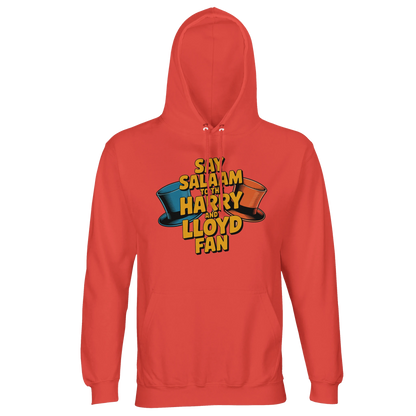 Pop Orange / Jasper / Faded Red unisex cotton-poly hoodie featuring the Say Salaam to the Harry and Lloyd Fan design rooted in Dumb and Dumber. Echoing the outrageous orange tuxedo scene and the infamous most annoying sound in the world, this hoodie celebrates Jim Carrey’s expressive physical comedy alongside Jeff Daniels’ understated timing. Warm fleece hooded jumper merging cult film fan culture with peaceful Salaam identity.