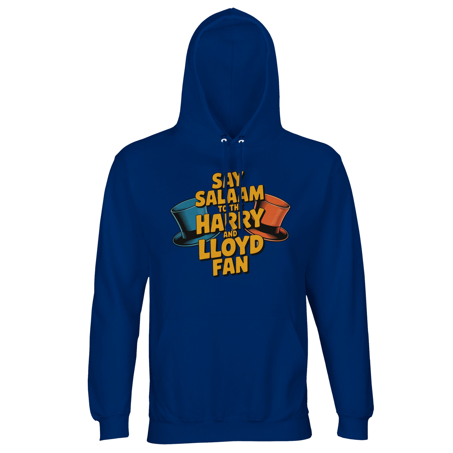 Royal Blue unisex recycled hoodie showcasing the Say Salaam to the Harry and Lloyd Fan artwork inspired by Dumb and Dumber. A fun nod to the iconic blue tuxedo vibe, the dog van antics, Aspen obsession and the suitcase of cash plotline, starring Jim Carrey and Jeff Daniels. Brushed fleece cotton-poly hooded jumper with lined hood and drawstrings, warm and comfortable for modest Muslim-friendly streetwear, everyday wear, and film fan gifting.