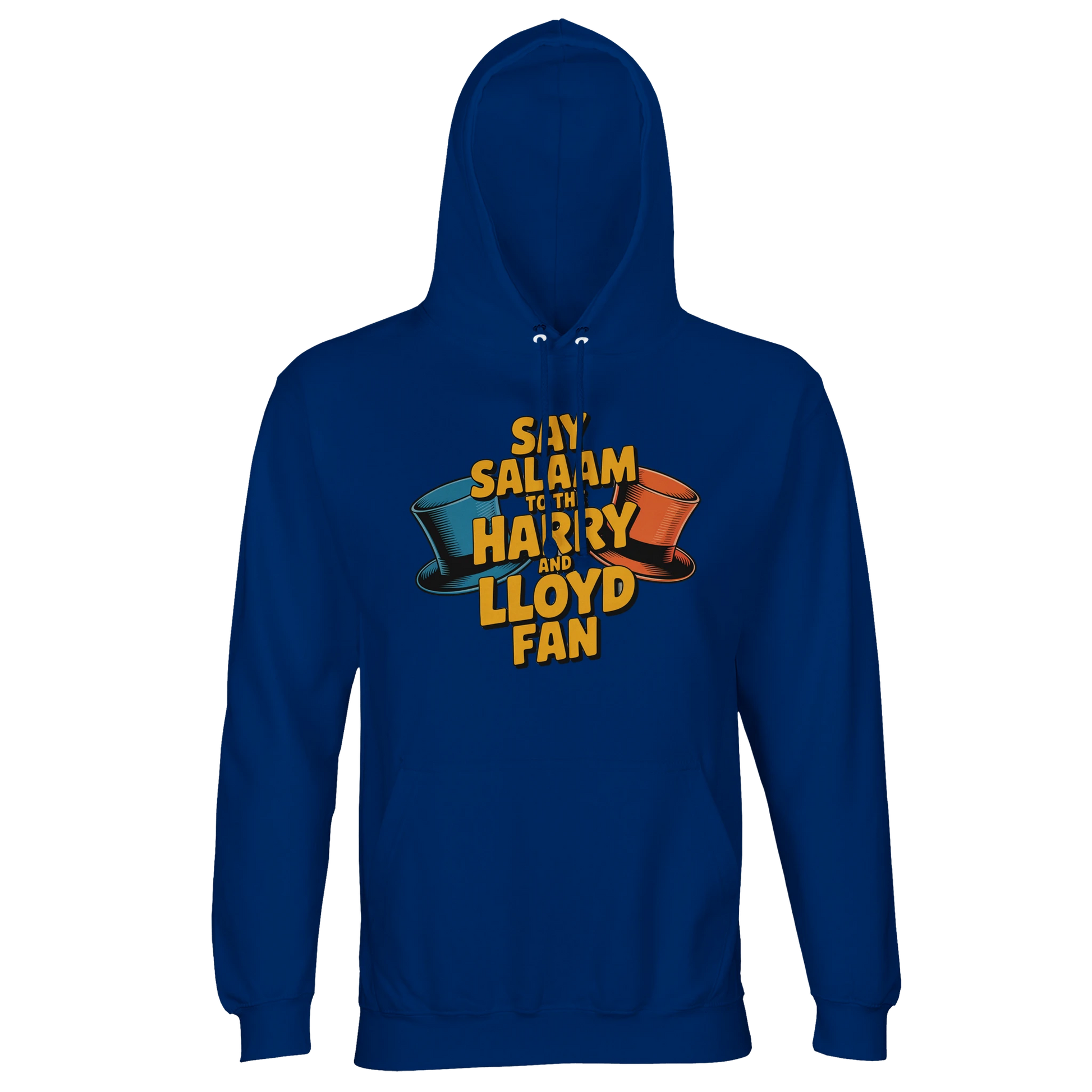 Royal Blue unisex recycled hoodie showcasing the Say Salaam to the Harry and Lloyd Fan artwork inspired by Dumb and Dumber. A fun nod to the iconic blue tuxedo vibe, the dog van antics, Aspen obsession and the suitcase of cash plotline, starring Jim Carrey and Jeff Daniels. Brushed fleece cotton-poly hooded jumper with lined hood and drawstrings, warm and comfortable for modest Muslim-friendly streetwear, everyday wear, and film fan gifting.