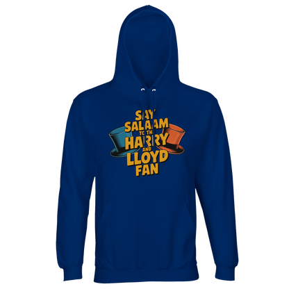 Royal Blue unisex recycled hoodie showcasing the Say Salaam to the Harry and Lloyd Fan artwork inspired by Dumb and Dumber. A fun nod to the iconic blue tuxedo vibe, the dog van antics, Aspen obsession and the suitcase of cash plotline, starring Jim Carrey and Jeff Daniels. Brushed fleece cotton-poly hooded jumper with lined hood and drawstrings, warm and comfortable for modest Muslim-friendly streetwear, everyday wear, and film fan gifting.