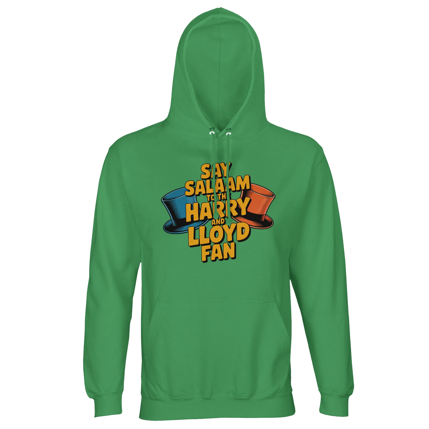 Spring Green / Sea Green / Eucalyptus unisex recycled hoodie featuring the Say Salaam to the Harry and Lloyd Fan graphic inspired by Dumb and Dumber. A tribute to Harry and Lloyd’s chaotic loyalty, tuxedos, the dog van journey, Aspen madness and that infamous most annoying sound in the world gag, starring Jim Carrey and Jeff Daniels. Warm brushed fleece hooded sweatshirt with lined hood and drawstrings, built for everyday modest Muslim-friendly streetwear, casual wear, and a quirky cult movie gift.