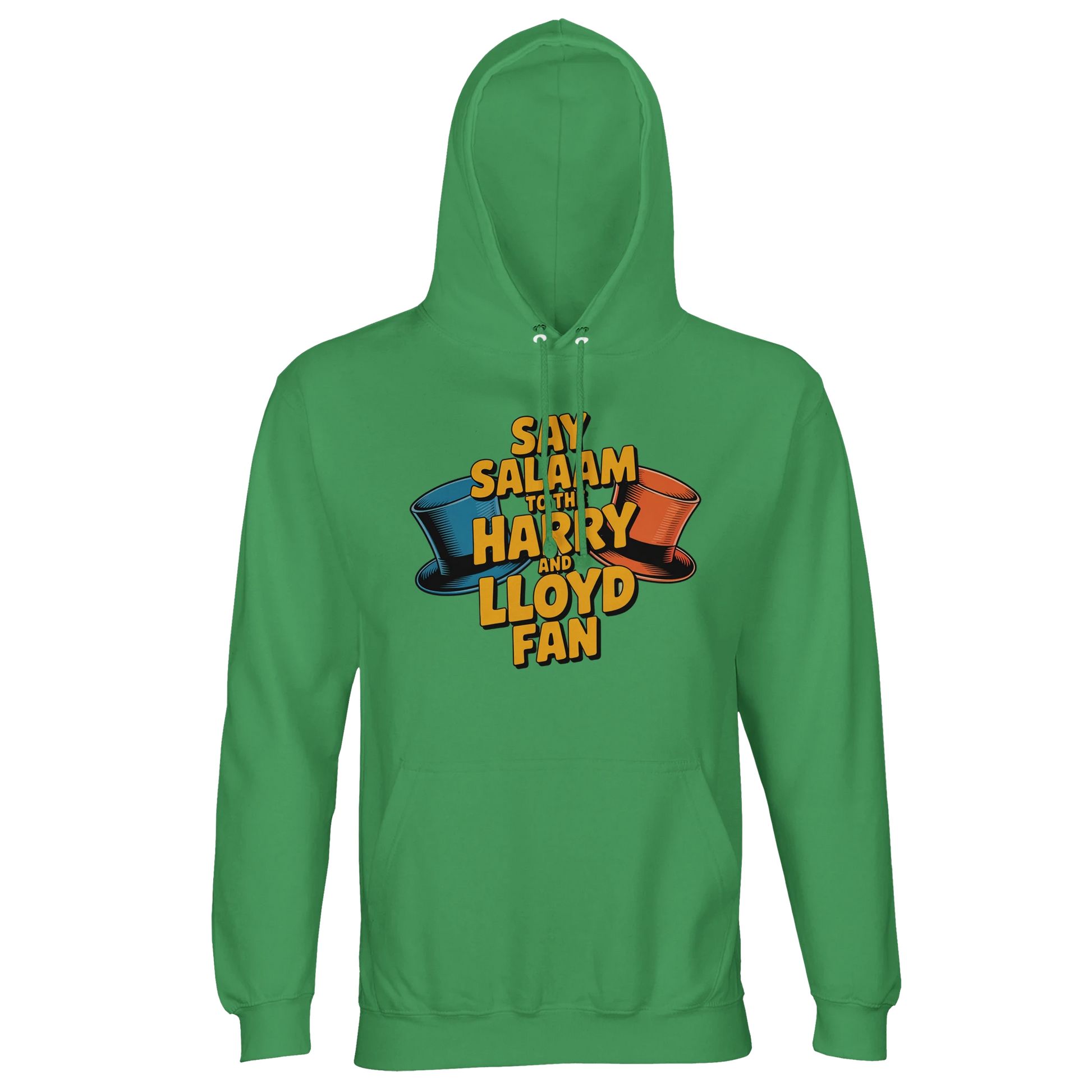 Spring Green / Sea Green / Eucalyptus unisex recycled hoodie featuring the Say Salaam to the Harry and Lloyd Fan graphic inspired by Dumb and Dumber. A tribute to Harry and Lloyd’s chaotic loyalty, tuxedos, the dog van journey, Aspen madness and that infamous most annoying sound in the world gag, starring Jim Carrey and Jeff Daniels. Warm brushed fleece hooded sweatshirt with lined hood and drawstrings, built for everyday modest Muslim-friendly streetwear, casual wear, and a quirky cult movie gift.