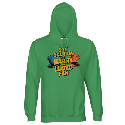 Spring Green / Sea Green / Eucalyptus unisex recycled hoodie featuring the Say Salaam to the Harry and Lloyd Fan graphic inspired by Dumb and Dumber. A tribute to Harry and Lloyd’s chaotic loyalty, tuxedos, the dog van journey, Aspen madness and that infamous most annoying sound in the world gag, starring Jim Carrey and Jeff Daniels. Warm brushed fleece hooded sweatshirt with lined hood and drawstrings, built for everyday modest Muslim-friendly streetwear, casual wear, and a quirky cult movie gift.