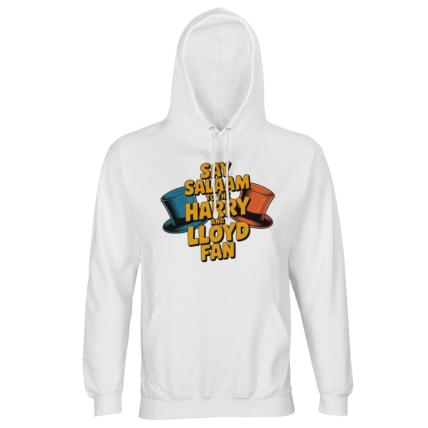White / Platinum unisex cotton-poly hoodie featuring the Say Salaam to the Harry and Lloyd Fan graphic inspired by the Dumb and Dumber movie. Showcasing the iconic blue and orange tuxedo top hats, this design celebrates Jim Carrey as Lloyd Christmas and Jeff Daniels as Harry Dunne on their chaotic Aspen road trip in search of the suitcase of cash. Brushed fleece hooded jumper made from recycled cotton blend, modest Muslim-friendly streetwear for comedy film lovers and 90s cult movie fans.