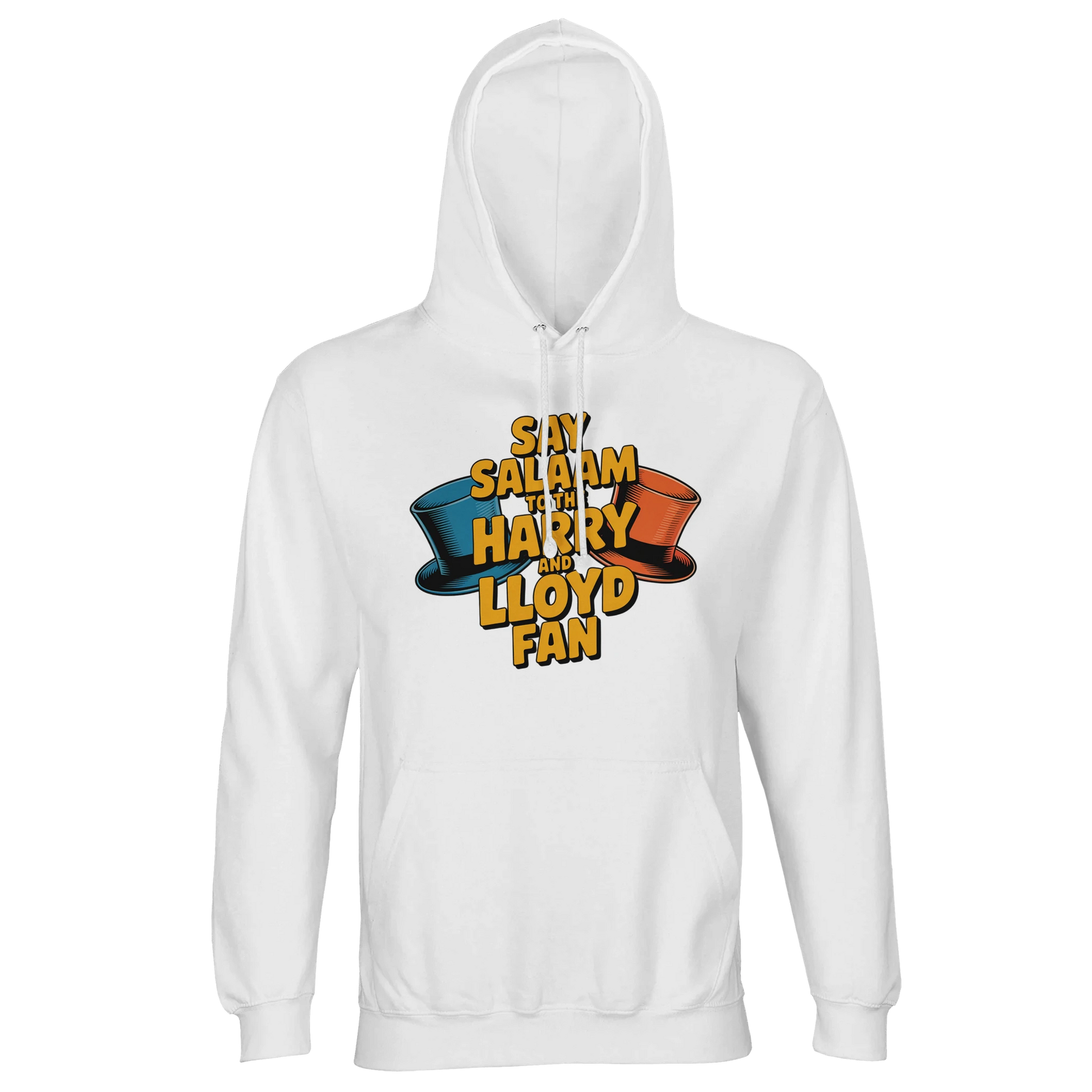 White / Platinum unisex cotton-poly hoodie featuring the Say Salaam to the Harry and Lloyd Fan graphic inspired by the Dumb and Dumber movie. Showcasing the iconic blue and orange tuxedo top hats, this design celebrates Jim Carrey as Lloyd Christmas and Jeff Daniels as Harry Dunne on their chaotic Aspen road trip in search of the suitcase of cash. Brushed fleece hooded jumper made from recycled cotton blend, modest Muslim-friendly streetwear for comedy film lovers and 90s cult movie fans.