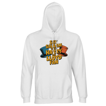 White / Platinum unisex cotton-poly hoodie featuring the Say Salaam to the Harry and Lloyd Fan graphic inspired by the Dumb and Dumber movie. Showcasing the iconic blue and orange tuxedo top hats, this design celebrates Jim Carrey as Lloyd Christmas and Jeff Daniels as Harry Dunne on their chaotic Aspen road trip in search of the suitcase of cash. Brushed fleece hooded jumper made from recycled cotton blend, modest Muslim-friendly streetwear for comedy film lovers and 90s cult movie fans.