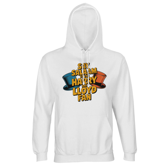White / Platinum unisex cotton-poly hoodie featuring the Say Salaam to the Harry and Lloyd Fan graphic inspired by the Dumb and Dumber movie. Showcasing the iconic blue and orange tuxedo top hats, this design celebrates Jim Carrey as Lloyd Christmas and Jeff Daniels as Harry Dunne on their chaotic Aspen road trip in search of the suitcase of cash. Brushed fleece hooded jumper made from recycled cotton blend, modest Muslim-friendly streetwear for comedy film lovers and 90s cult movie fans.