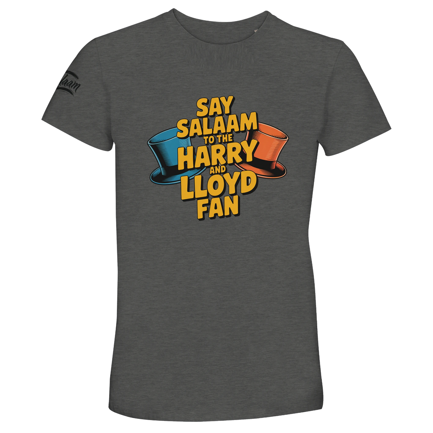 Grey Melange / Heather Grey / Marl Grey / Classic Athletic Grey Blend unisex t-shirt showcasing the Say Salaam to the Harry and Lloyd Fan artwork inspired by Dumb and Dumber. From the dog van to the orange and blue tuxedo moment, this design nods to the slapstick brilliance of Jim Carrey and Jeff Daniels. A subtle vintage athletic tone paired with comedy nostalgia and peaceful messaging.