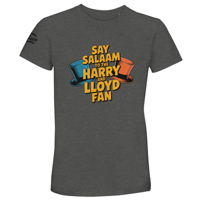 Grey Melange / Heather Grey / Marl Grey / Classic Athletic Grey Blend unisex t-shirt showcasing the Say Salaam to the Harry and Lloyd Fan artwork inspired by Dumb and Dumber. From the dog van to the orange and blue tuxedo moment, this design nods to the slapstick brilliance of Jim Carrey and Jeff Daniels. A subtle vintage athletic tone paired with comedy nostalgia and peaceful messaging.