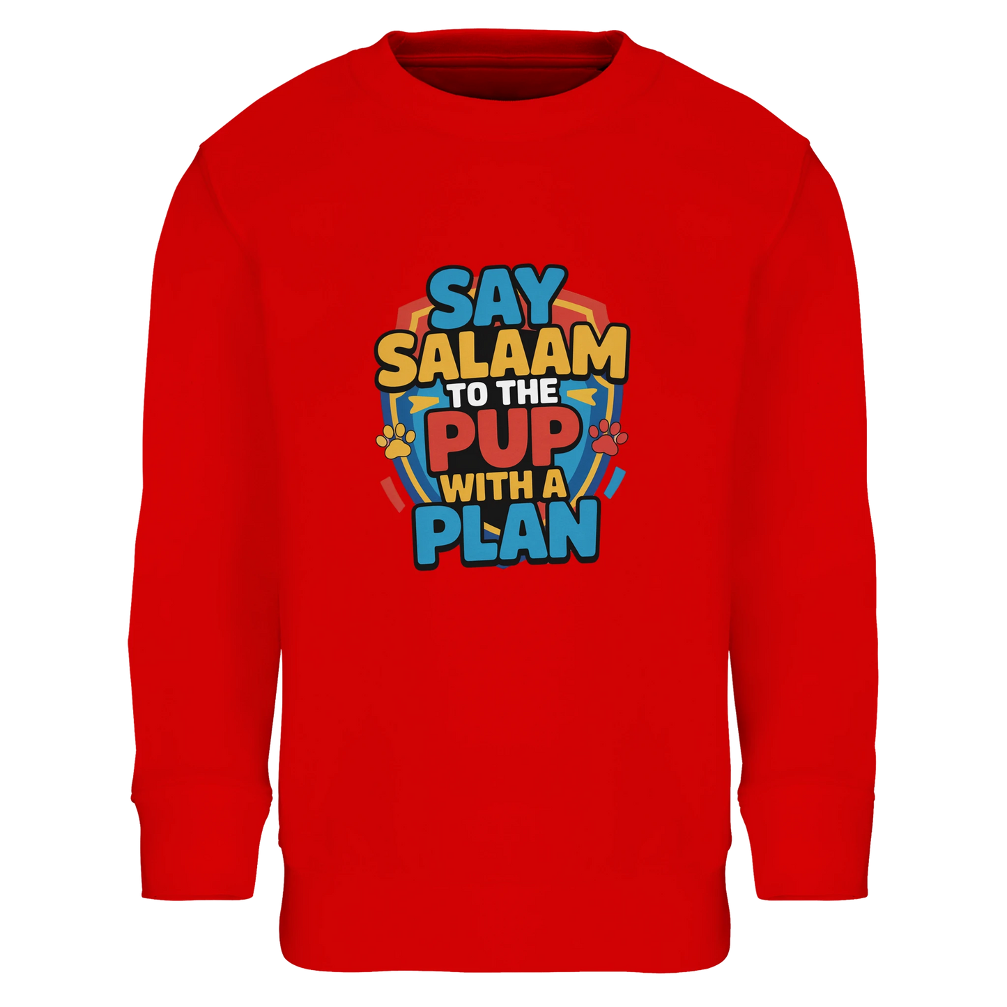 Say Salaam to the Pup with a Plan Part-Recycled Cotton-Poly Kids Sweatshirt (Bright Red / Rosso Corsa). Kids jumper featuring a colourful square illustration panel and a slogan printed across the chest. The playful graphic shows bold cartoon lettering combined with a lively rescue-pup themed illustration inspired by adventurous puppy hero teams enjoyed by Paw Patrol Movie fans. Soft cotton-poly fleece with recycled fibres offers warmth and durability for everyday clothing with character. 